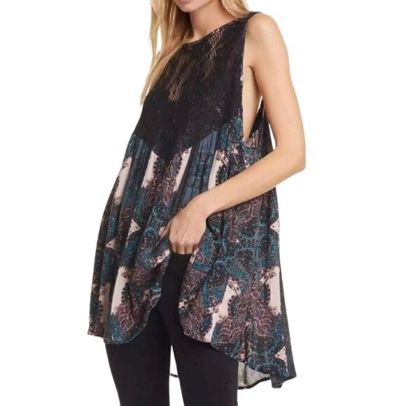 Free People Black Blue Print Count Me In Trapeze Sleeveless Tunic Size Small New - Picture 2 of 15